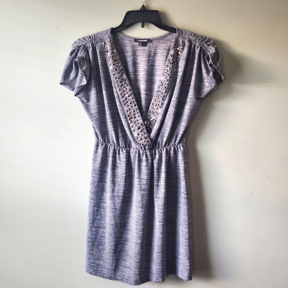 Y2K Heather Gray Embellished Mini Dress V-Neck Rhinestone Studded Ruched S